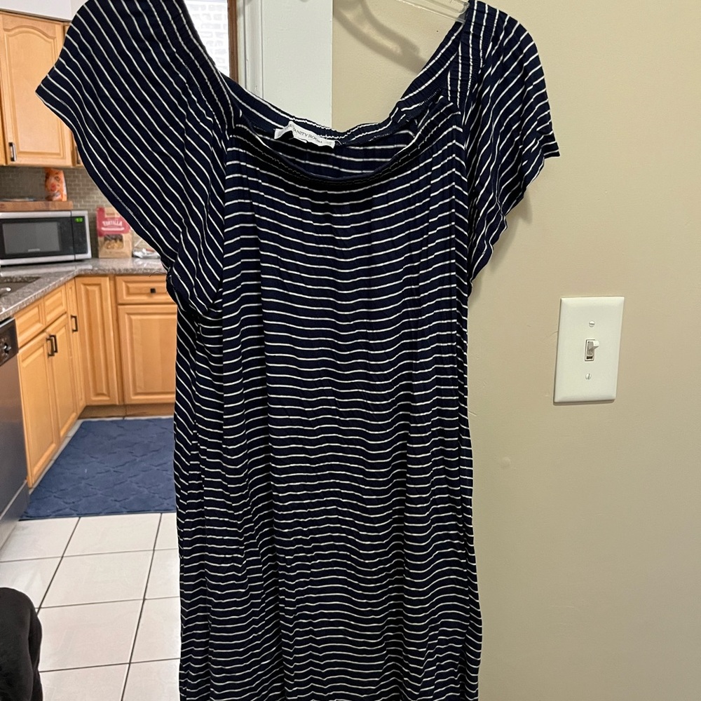 Navy and white off the shoulder dress